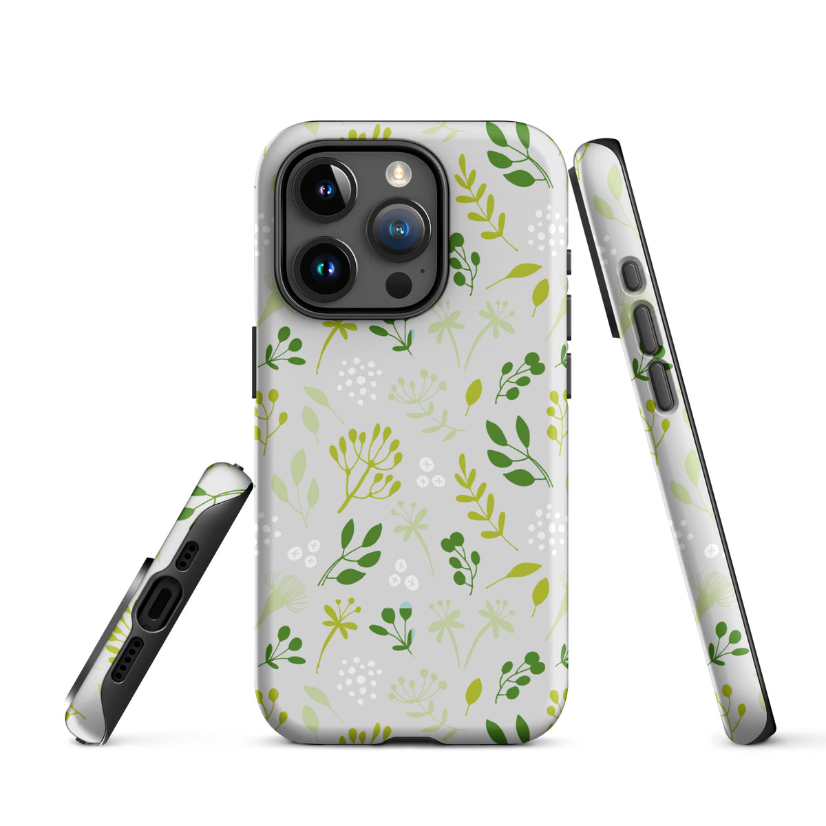 Phone case with green floral pattern on a white background