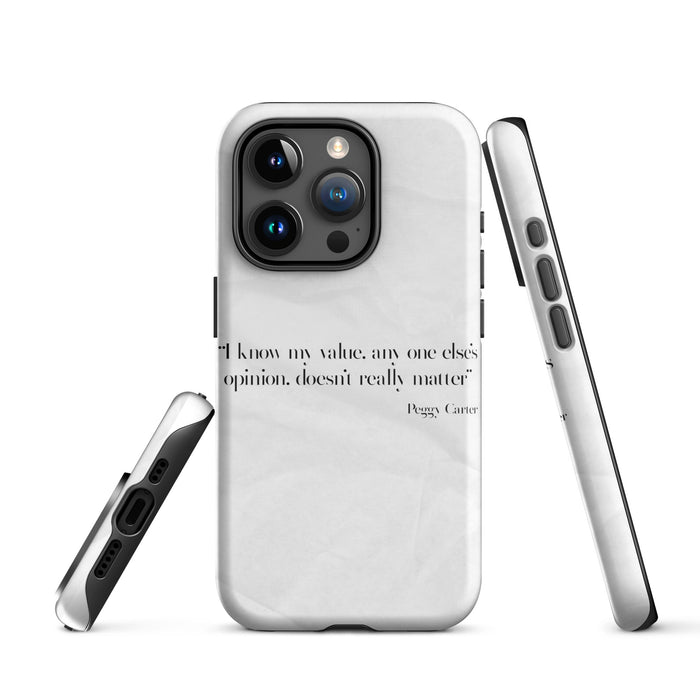 Phone case with text and design on a white background