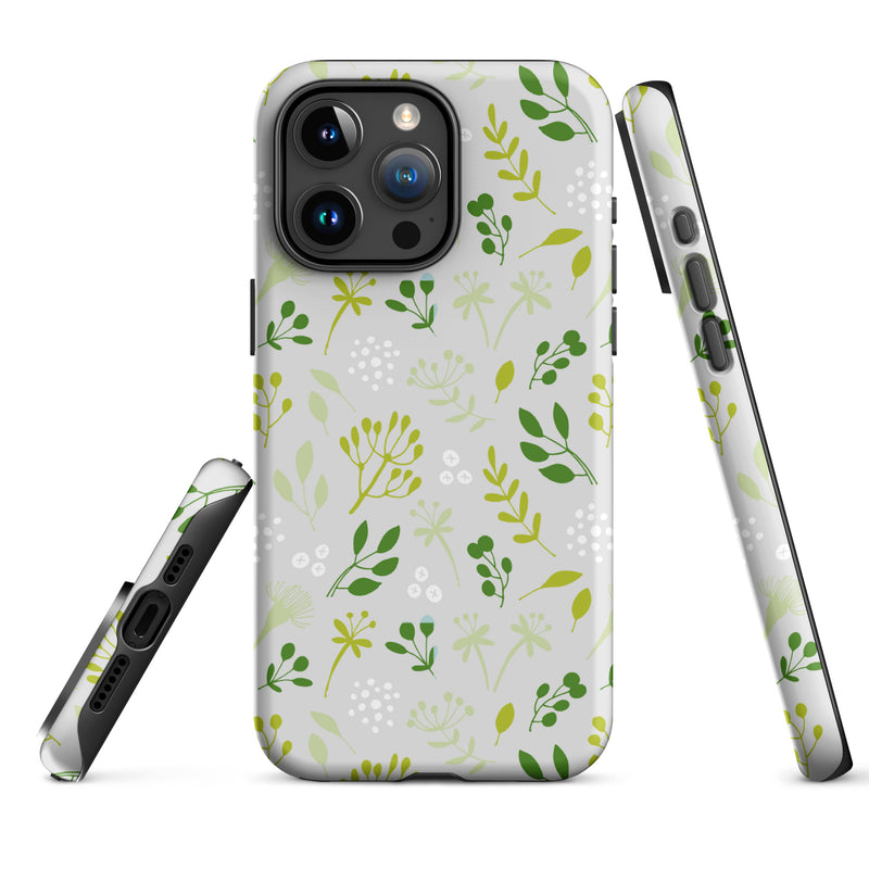 Phone case with green floral pattern on a white background