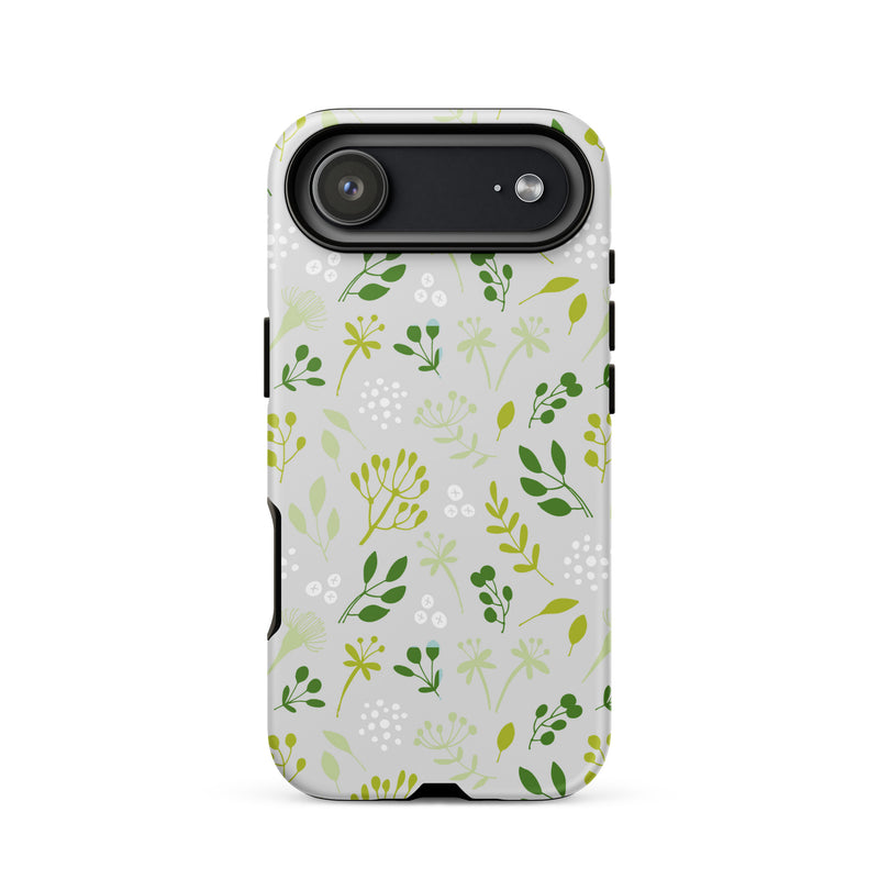 Phone case with green floral pattern on a white background
