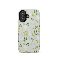 Phone case with green floral pattern on a white background