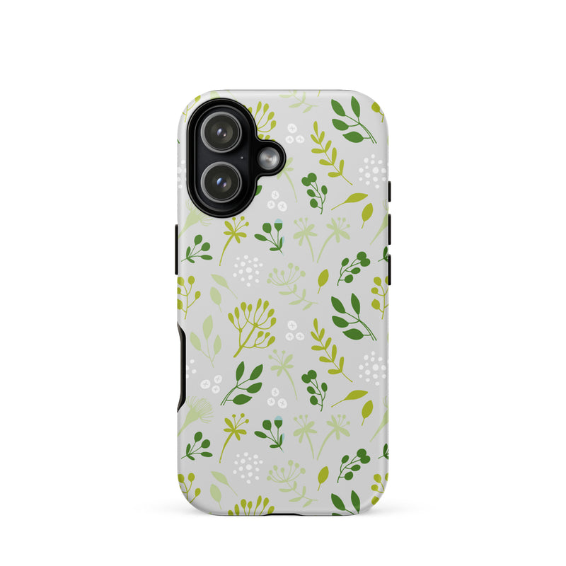 Phone case with green floral pattern on a white background
