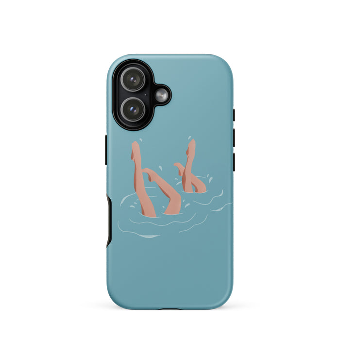 Phone case with illustration of feet in water on a light blue background