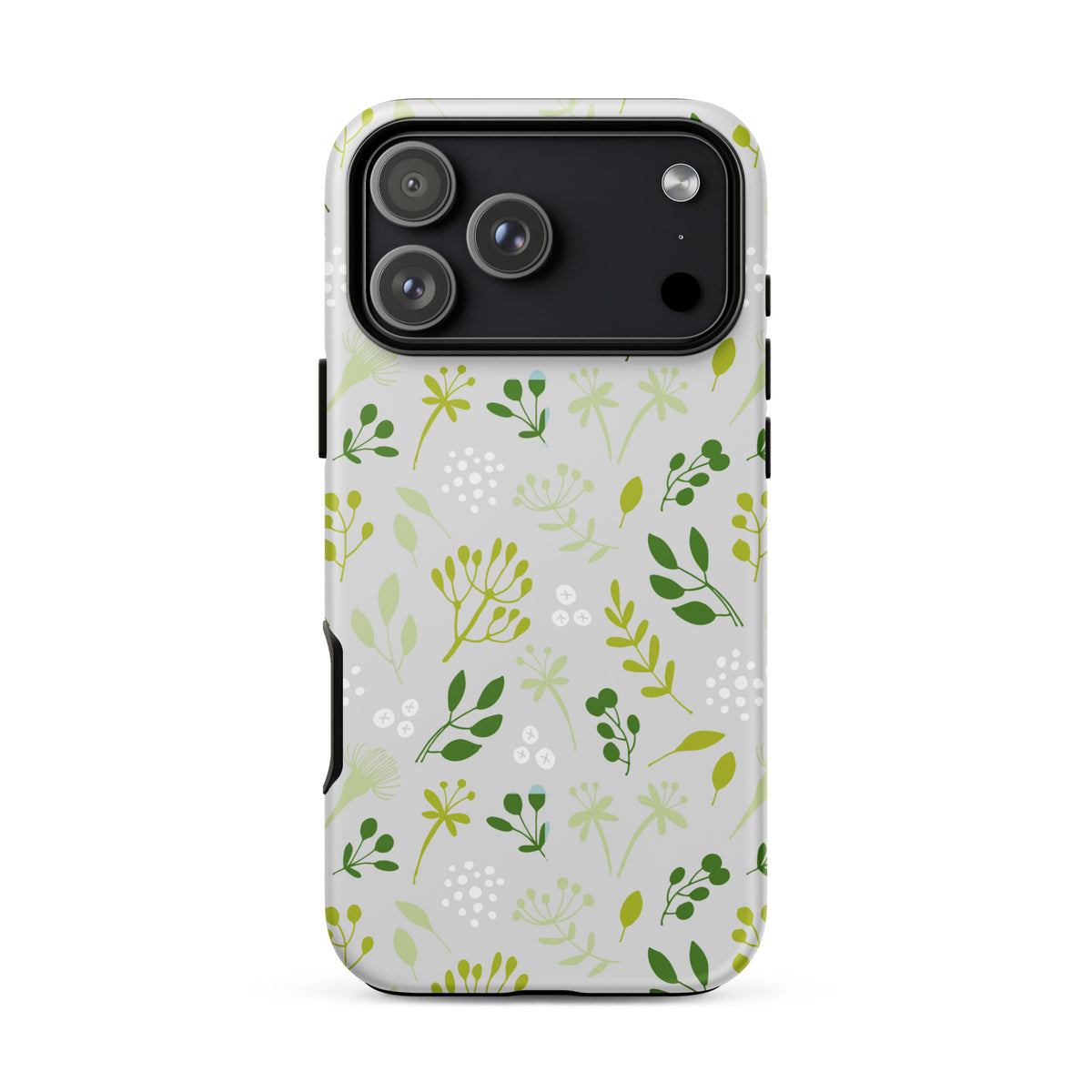 Phone case with green floral pattern on a white background
