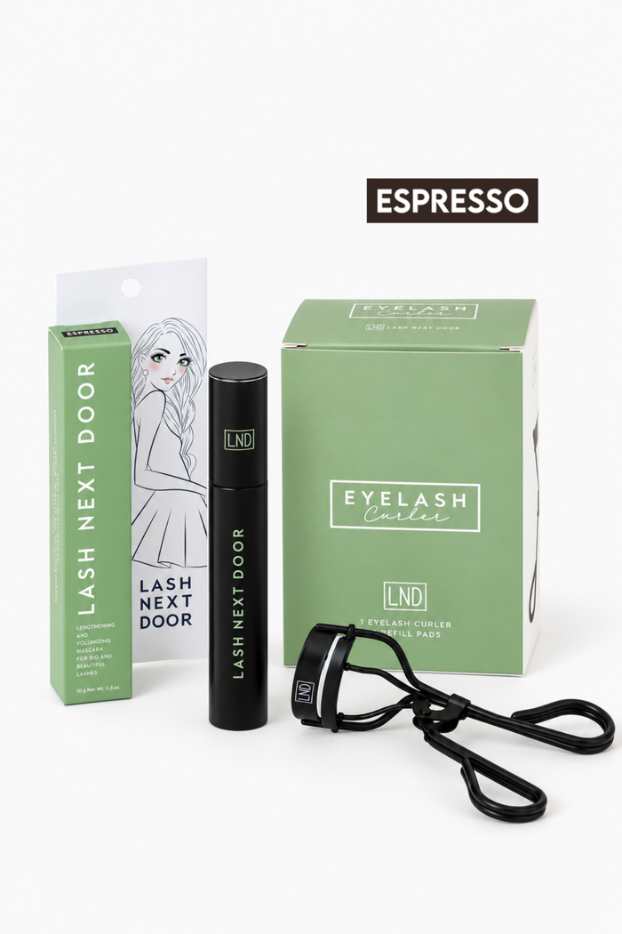Lash Next Door eyelash care set in espresso green and black, including a green box, black roller bottle, lash clipper, and lash pad, with an 'ESPRESSO' label above on a white background.