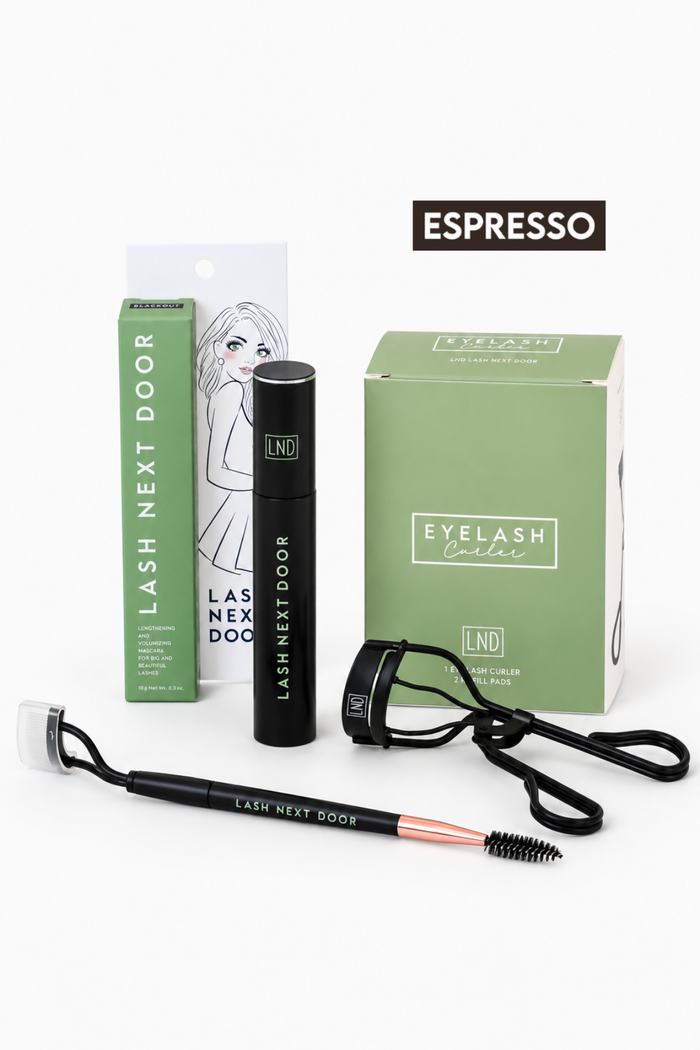 Lash Next Door Eyelash Trainer kit in Espresso, featuring a black eyelash roller tool, a black eyelash pencil, a green and white applicator box, and a green main product box on a white background.