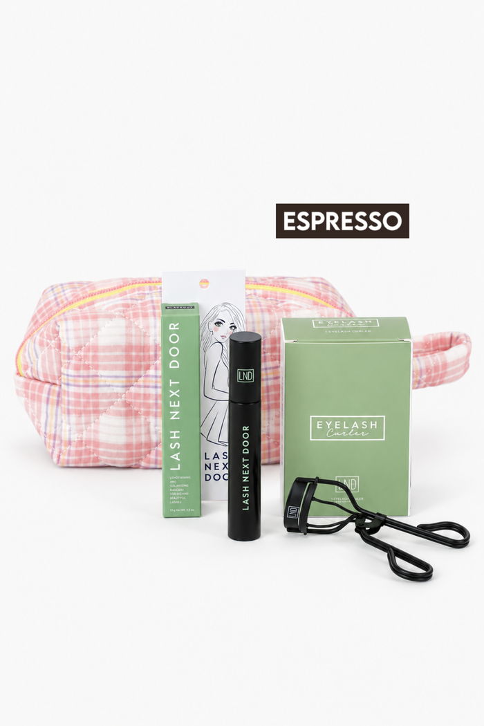 Lash Next Door Eyelash Care set in Espresso, featuring a pink and white plaid zippered pouch, a green eyelash serum tube, a black eyelash serum tube, a green product box, and a black eyelash clipper, arranged on a white background with an 'ESPRESSO' label above.