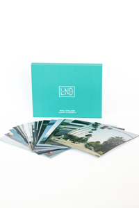 Collection of postcards with scenic images and a teal box labeled 'LND' on a white background.