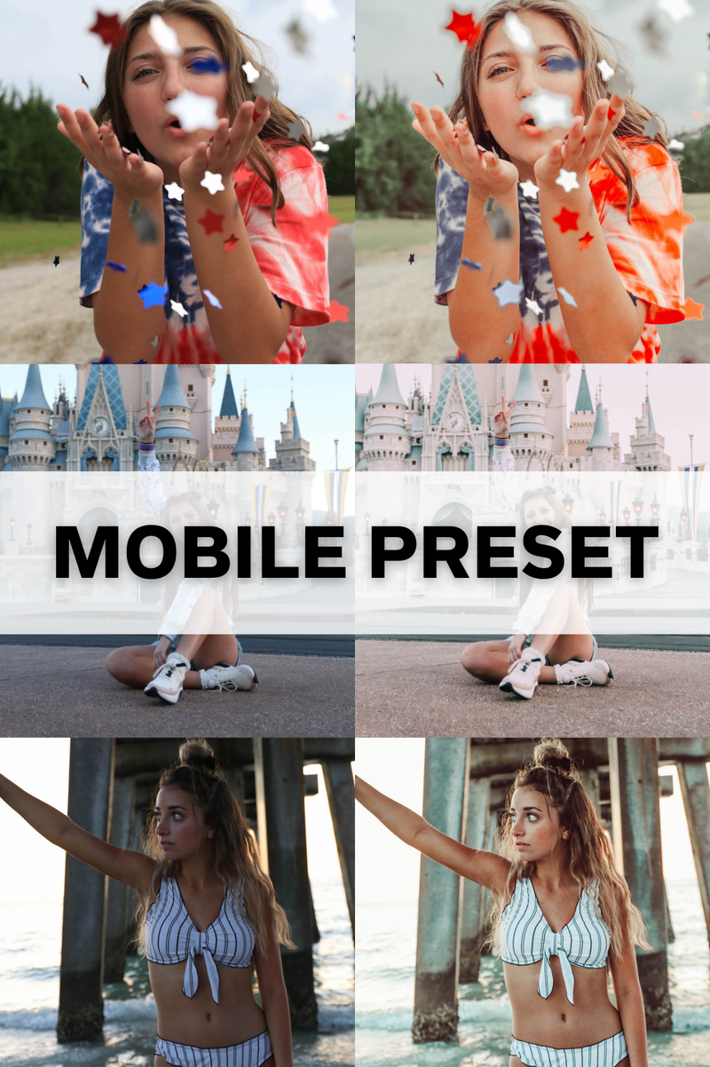 mobile preset with 6 photos showing before and after photos with filters
