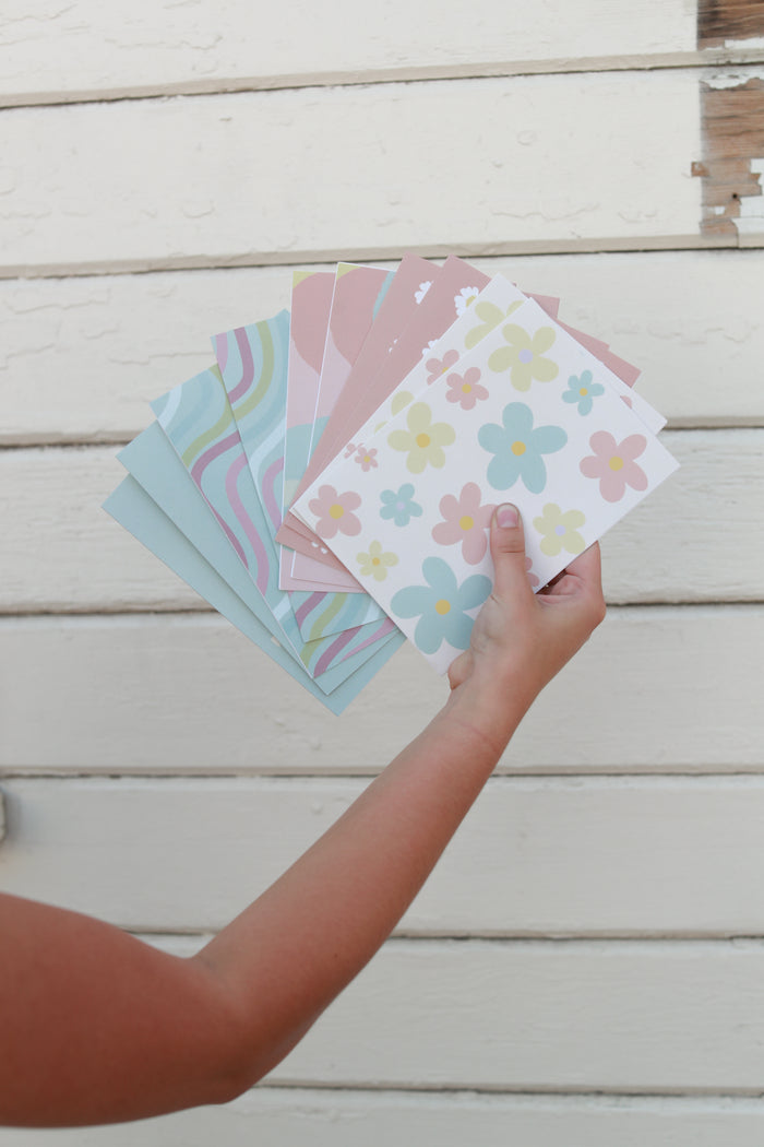 yesterday card set in the pastel colors of blue pink and white