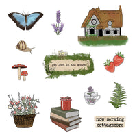 blue monarch butterfly, flowers in a woven basket, earth tone books with jam on top, white teacup with a flower, 2 strawberries, 2 red mushrooms, fern leaf, "get lost in the woods" with greenery around it, lavender, cottage in the woods, snail, "now serving cottage core" text