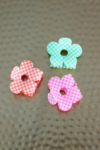 pink, green, and orange checkered floral hair clips