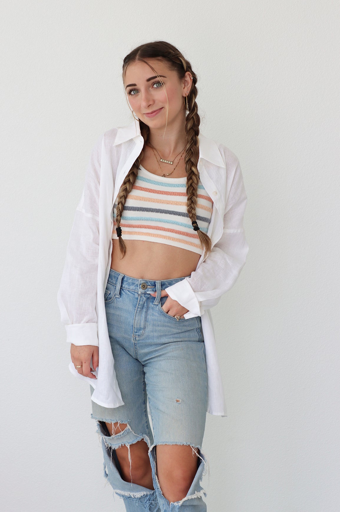 girl wearing white button up