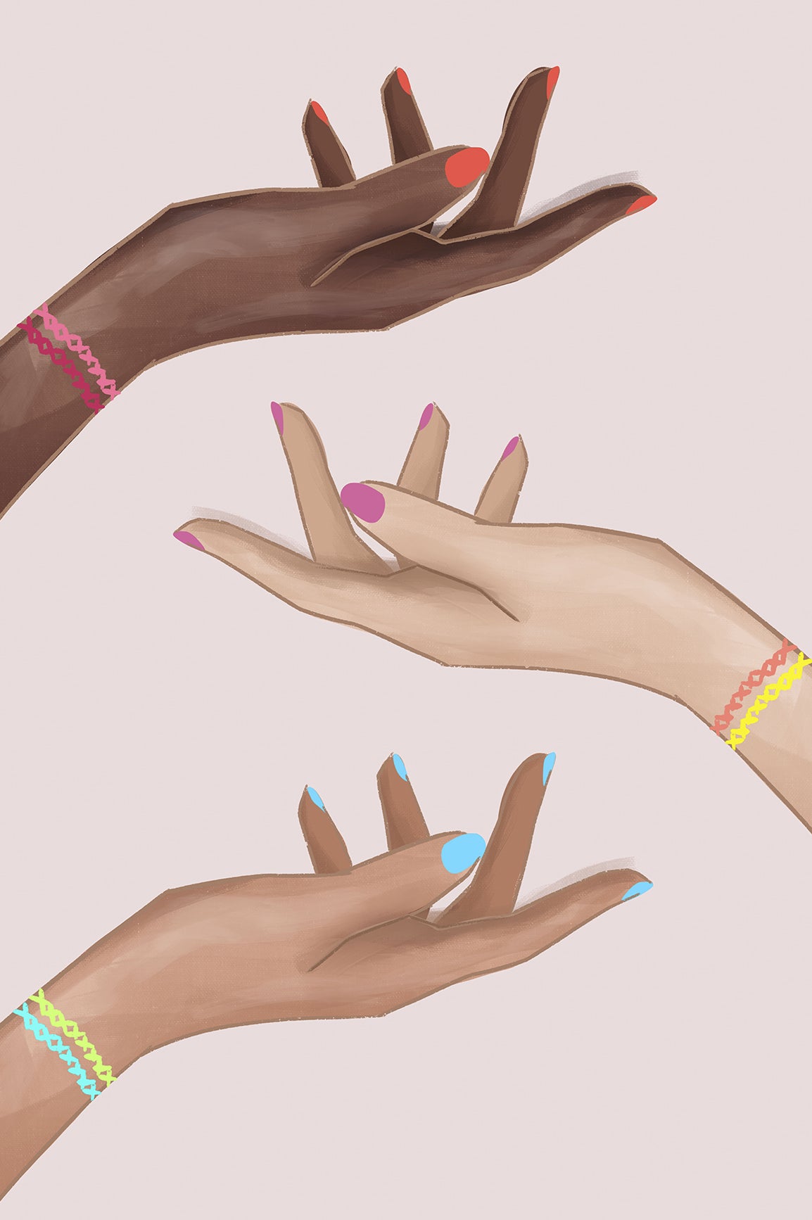 3 hands in all different skin tones