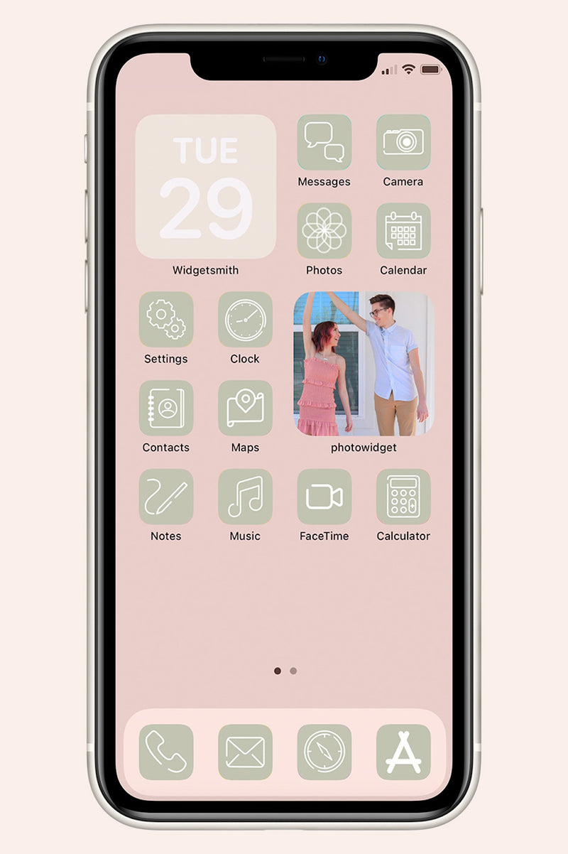 light pink and light green/sage colored ios app with icons and widgets