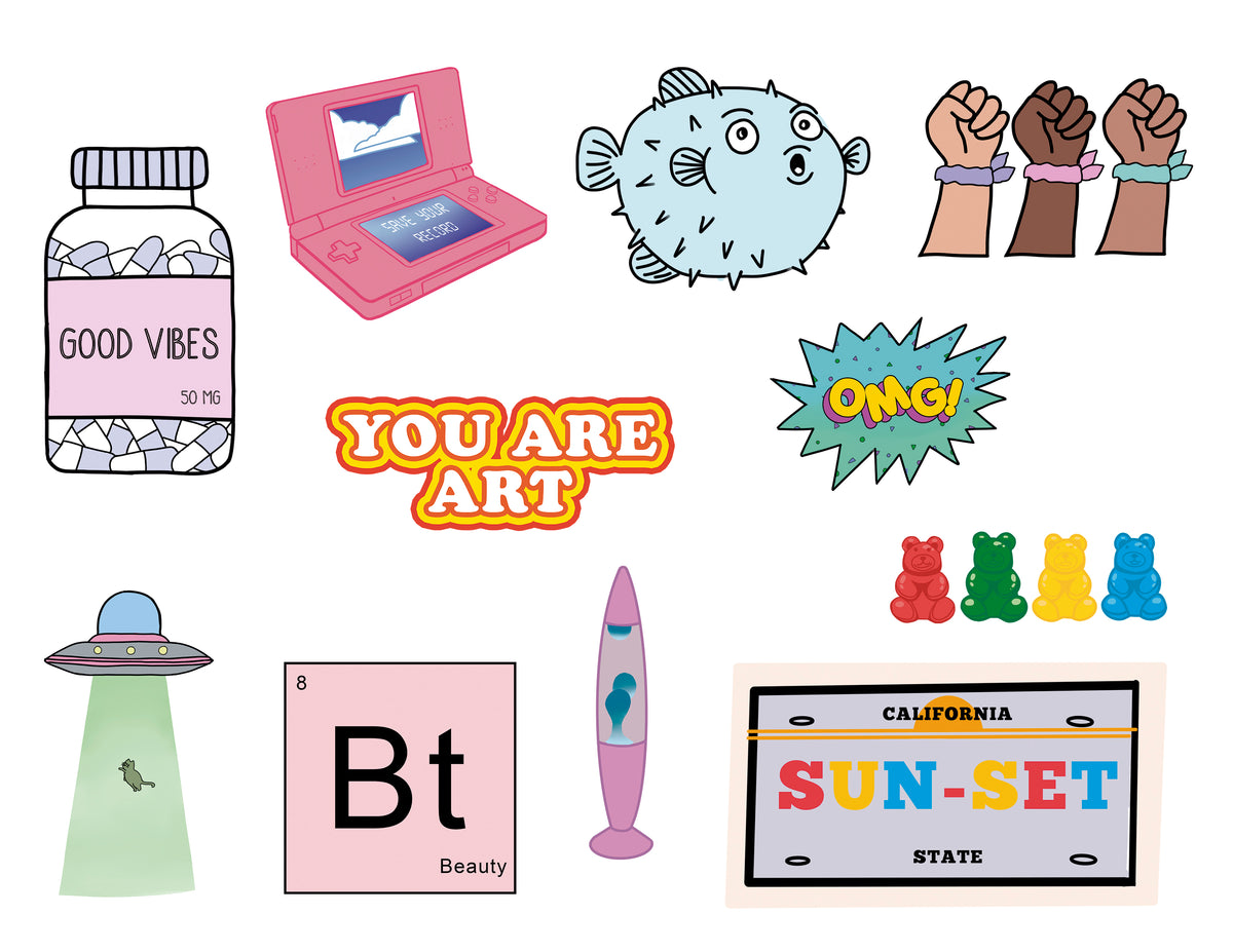 UFO sticker, "sun-set" license plate, puffer fish, lava lamp, "you are art", 3 skin tone power fist with scrunchie, "OMG" bubble, gummy bear, Bt periodic table box with "beauty" in it, "Self Love Juice" Milk Carton, "Good Vibe" vitamin bottle, DSI in pink