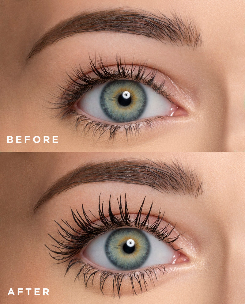 close up of before and after images for mascara
