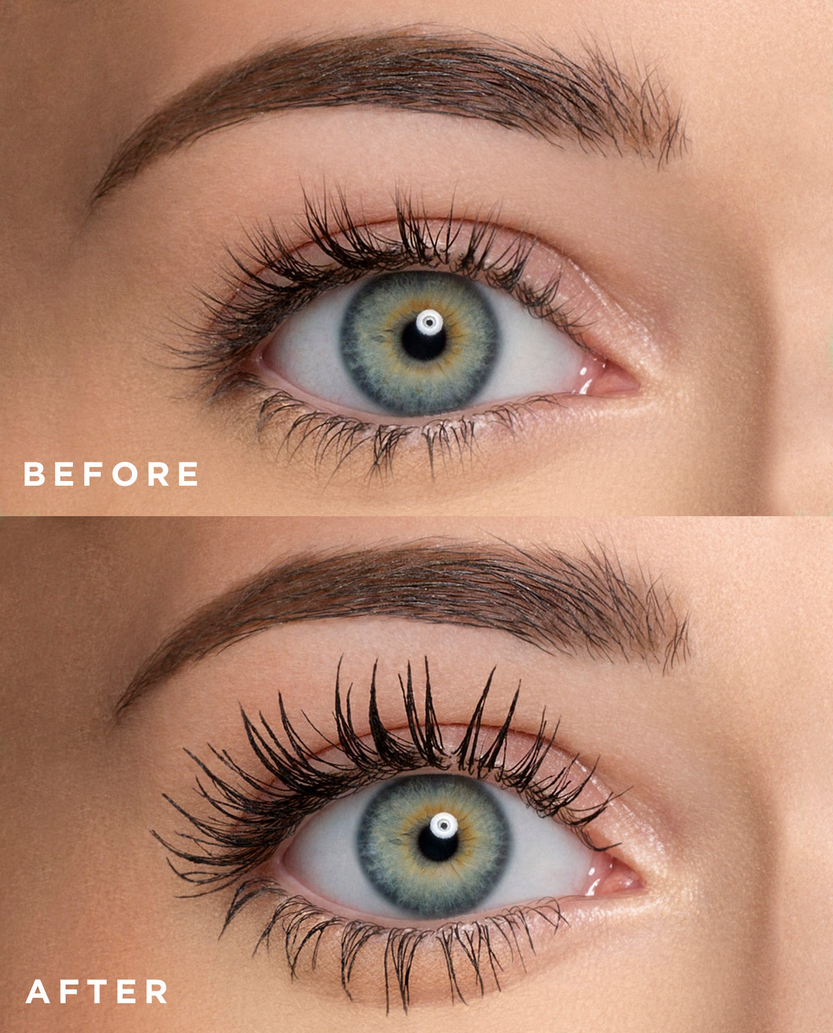 close up of before using mascara, and after using mascara