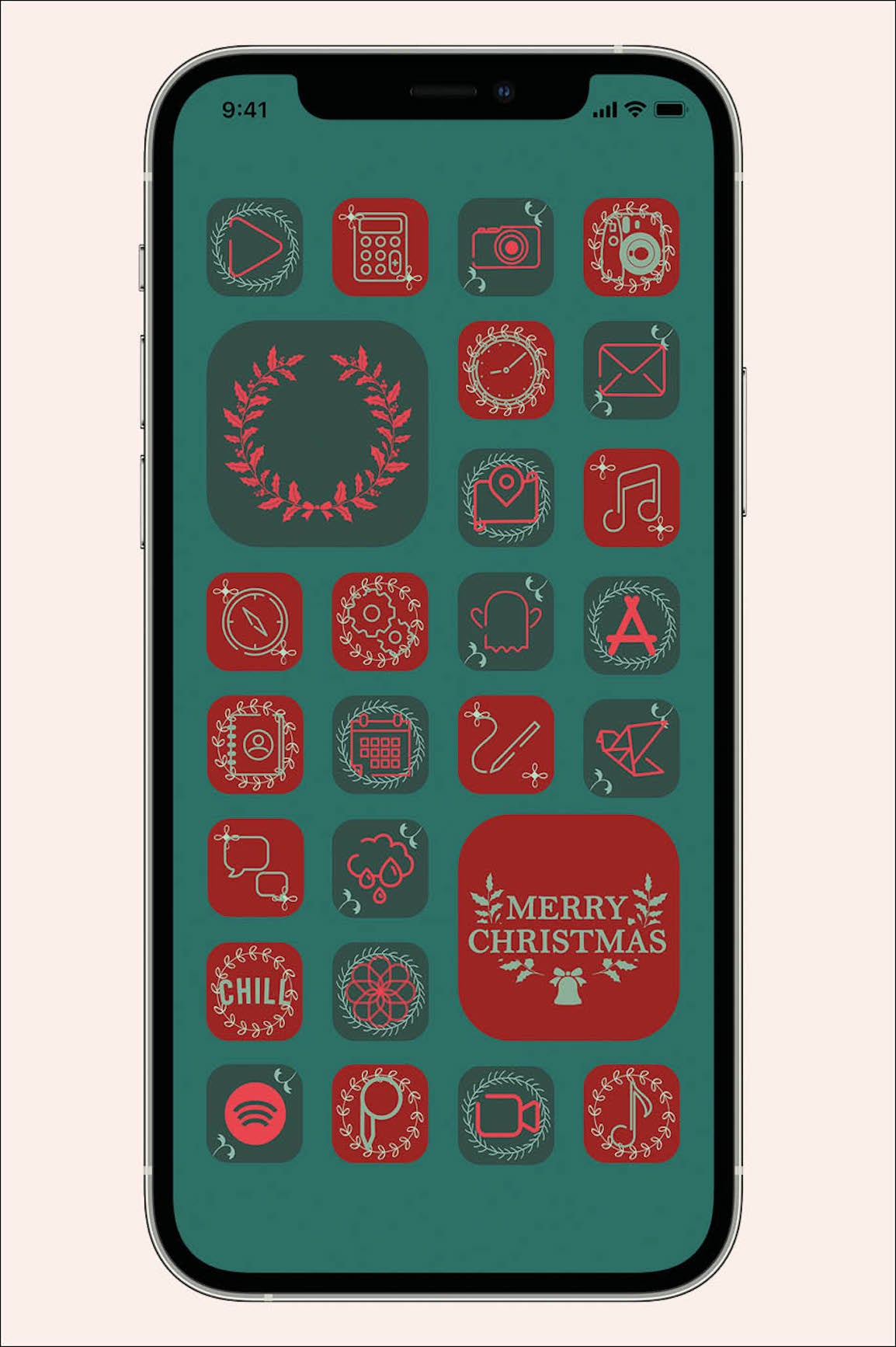dark green and red holiday cheer ios icon pack with holiday inspired apps and widgets