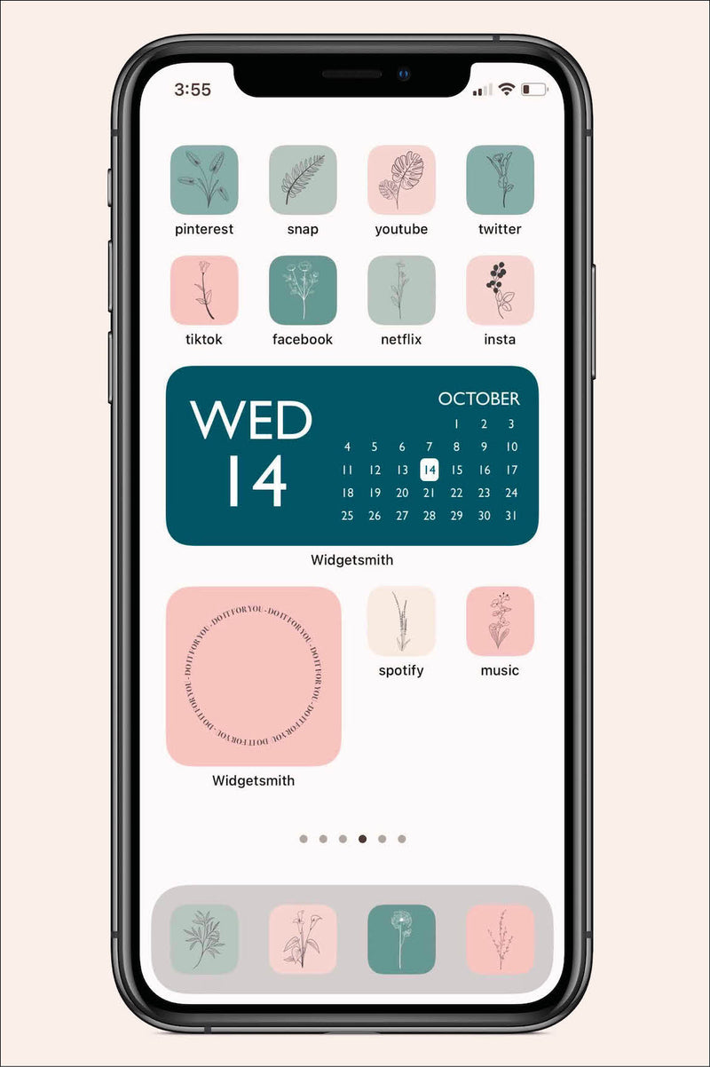 ight pink and light green/sage colored ios app with flower icons and widgets