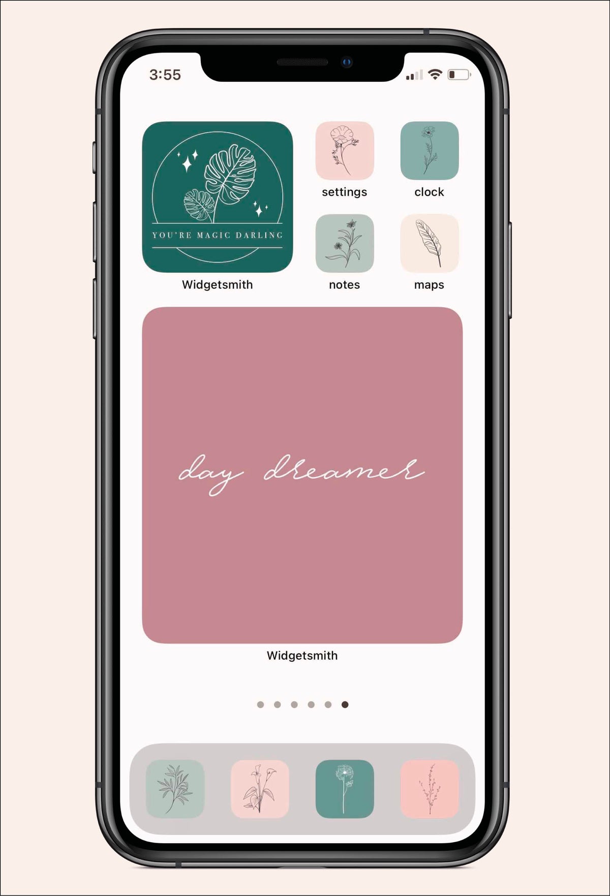 ight pink and light green/sage colored ios app with flower icons and widgets
