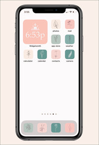 ight pink and light green/sage colored ios app with flower icons and widgets
