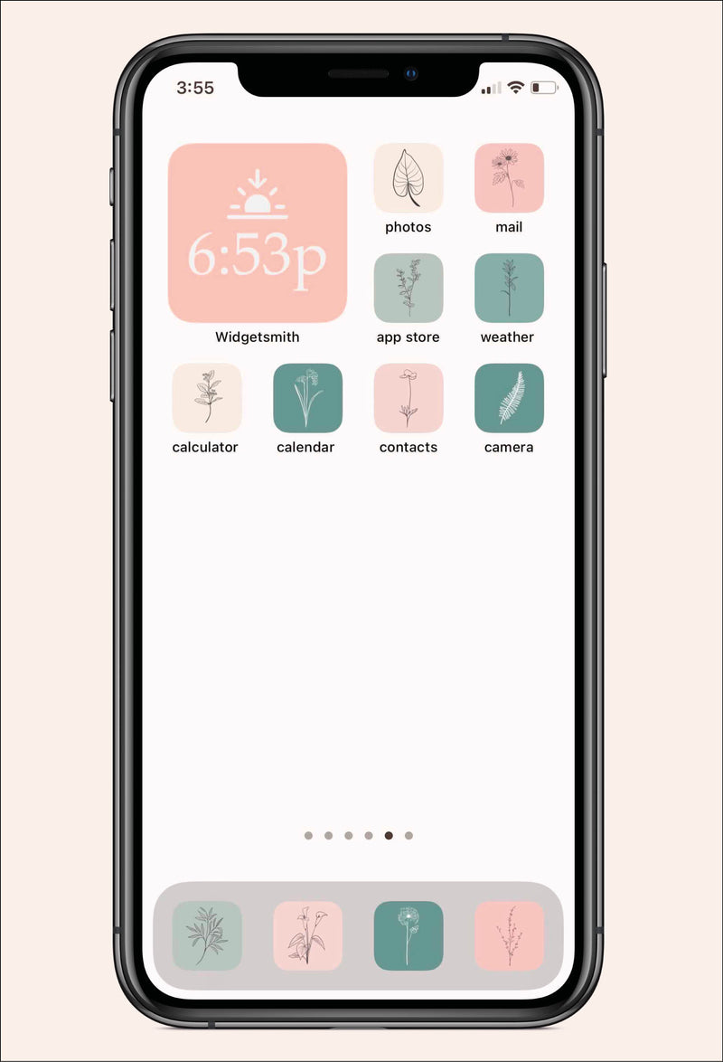 ight pink and light green/sage colored ios app with flower icons and widgets