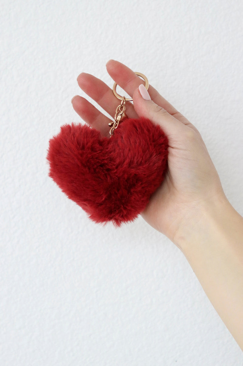 red fluffy heart keychain