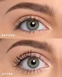 close up of before and after images for mascara