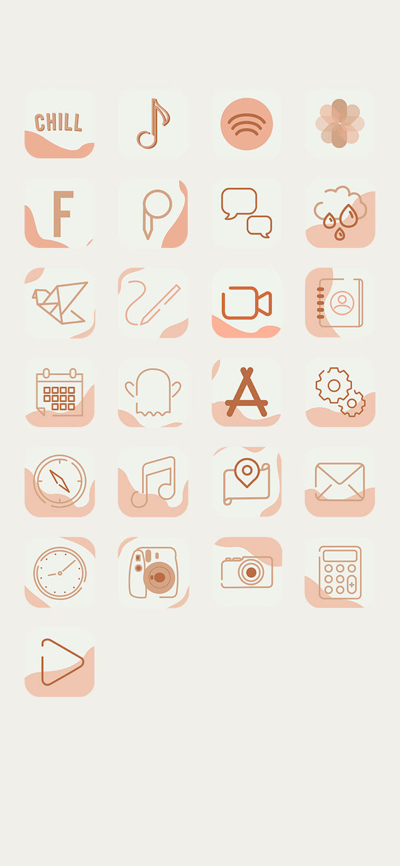 page showing all the peach pink and white colored icons that come in this pack- facebook, netflix, tiktok, spotify, photos, pinterest, messenger, weather, twitter, notes, video camera, contacts, calendar, snap chat, app store, settings, compass, music, maps, email, click, instagram, camera, youtube, calculator