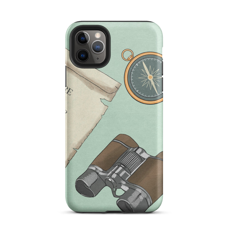 blue iphone case with binoculars and a compass