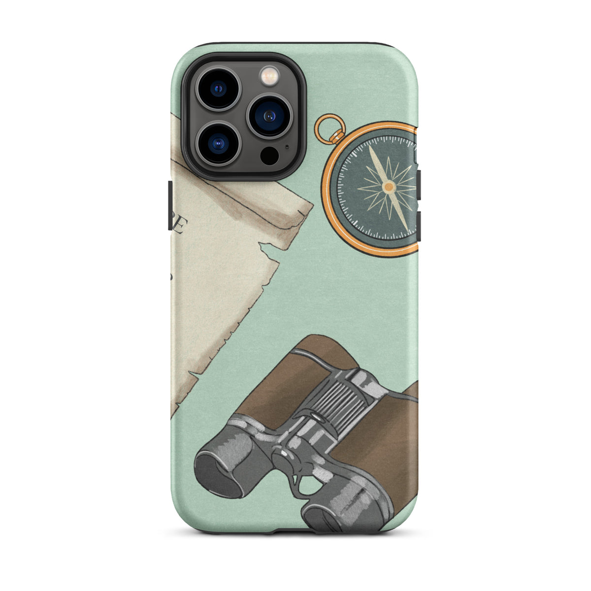 blue iphone case with binoculars and a compass